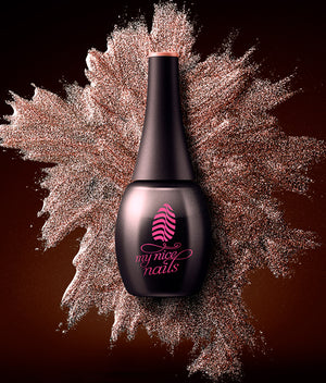High-Grade Gel Polish ✸ Just More Beautiful ✸ Picture shows the uniquely designed gel polish bottle in front of glittery gel polish brush strokes, transmitting the characteristics of My Nice Nails' Gel Polish: strong pigmentation and powerful colors!