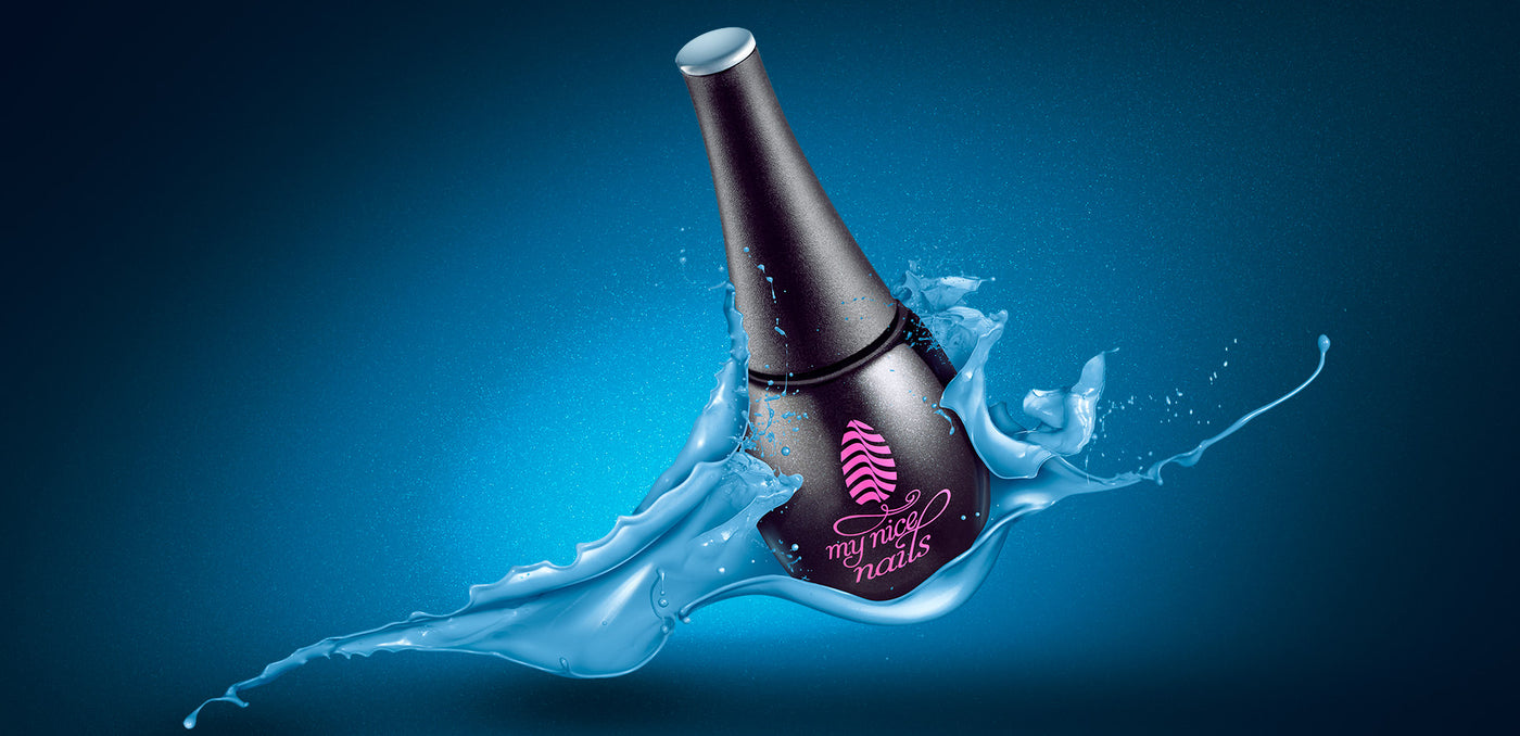 Premium Gel Polish ✸ Just More Beautiful ✸ Picture shows the uniquely designed gel polish bottle hit in the air by blue gel polish and splashing, transmitting the characteristics of My Nice Nails' Gel Polish: strong pigmentation and powerful colors!